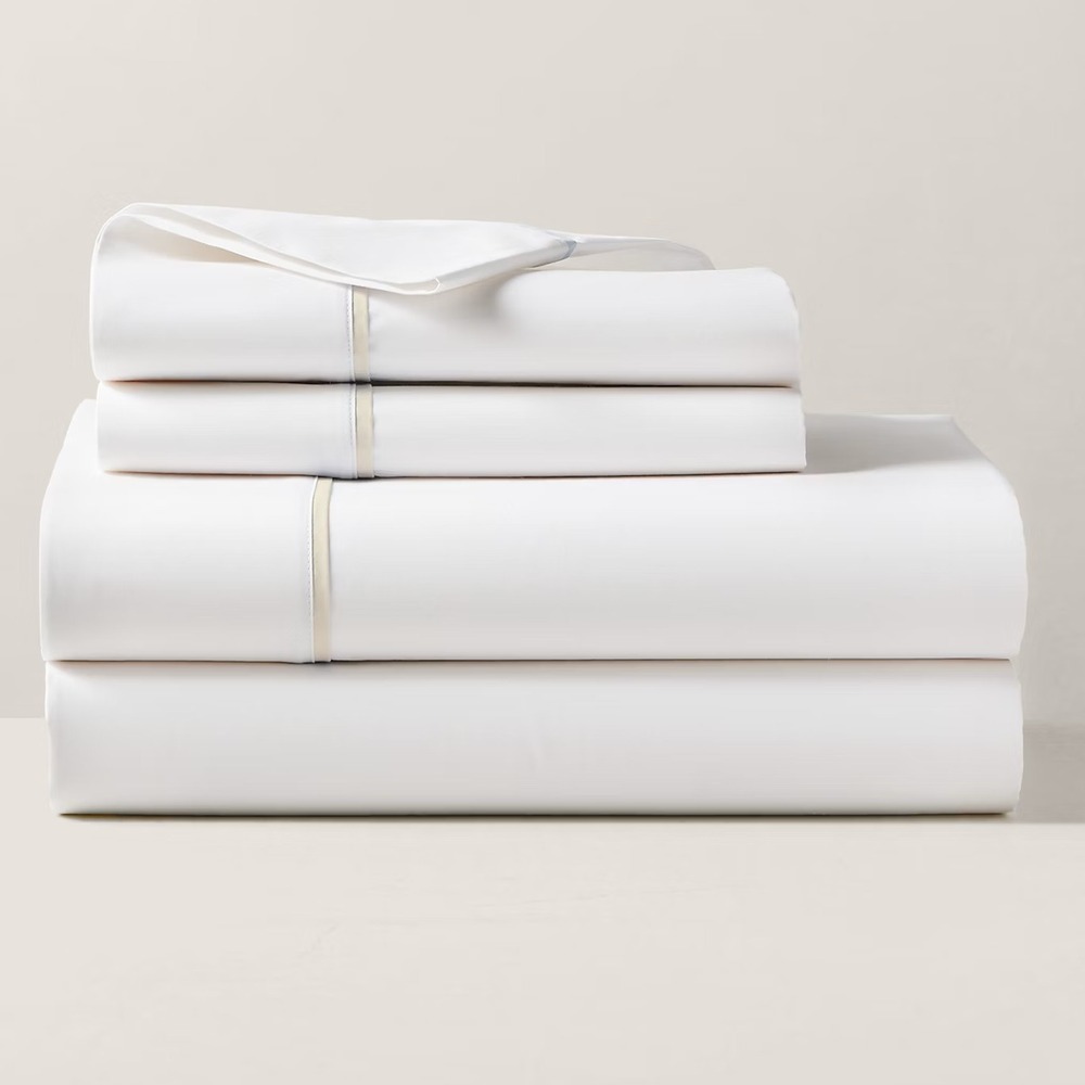 Ralph Lauren Palmer Percale Queen‎ Flat Sheet Sand Dune Trim Organic Cotton NEW